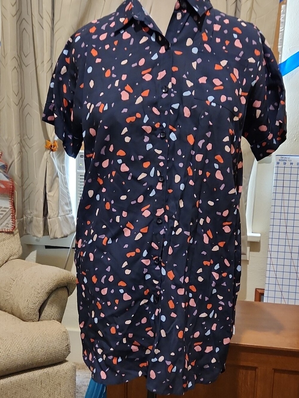 Bohme Navy Short-Sleeve Button-Down Shirt Dress with Coral and Light Blue Spots